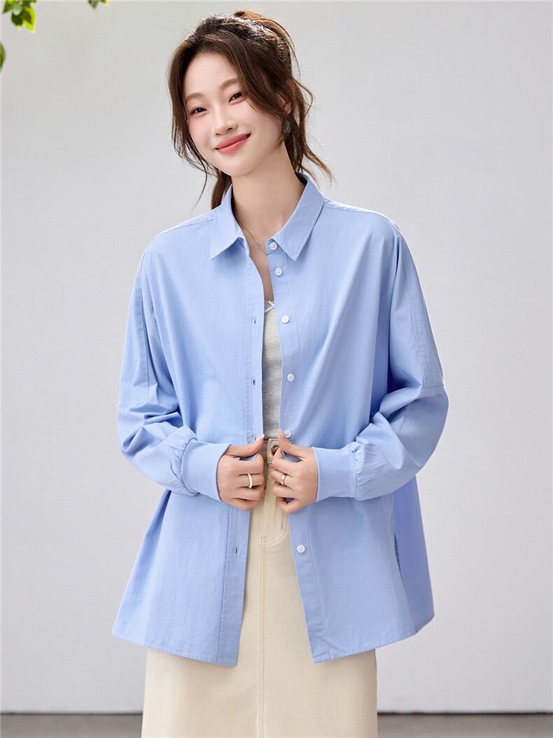 2026春夏新款蓝衬衫女学院风宽松慵懒风叠穿衬衣通勤百搭清新减龄，女装衬衫，艾米