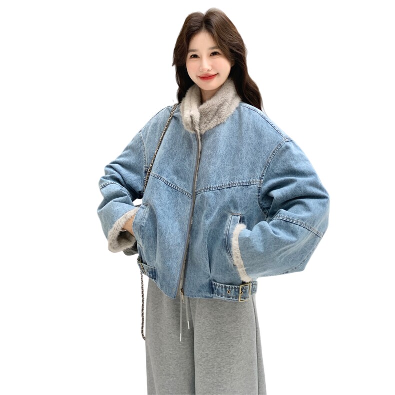 美式复古毛绒拼接牛仔外套女冬季短款加厚保暖小个子棉服内胆夹克,女装棉衣/棉服,2C166