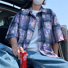 2025美式扎染印花冰丝凉感短袖五分袖格子衬衫CS1866/特P25紫5，男装T恤，电商A094