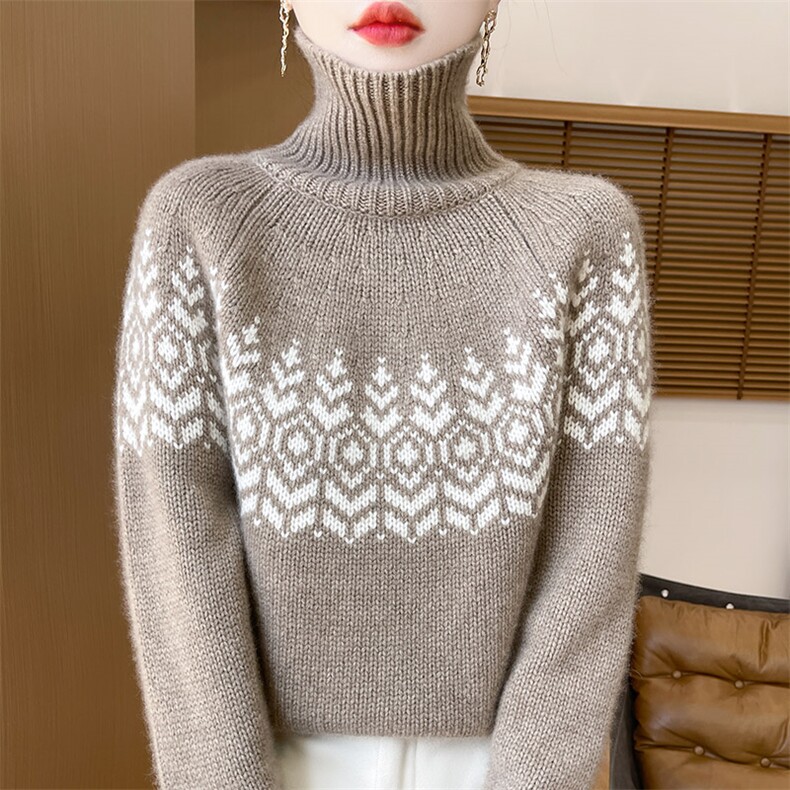 100%纯羊毛衫女高领提花加厚针织毛衣复古拼色宽松羊绒衫打底上衣，女装羊毛衫，鸿陌羊绒