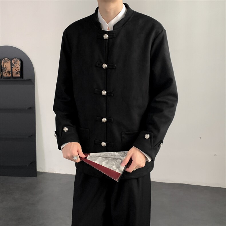 2026春装新中式复古盘扣唐装夹克外套麂皮绒质感中山装2521-P128，男装夹克，电商A057
