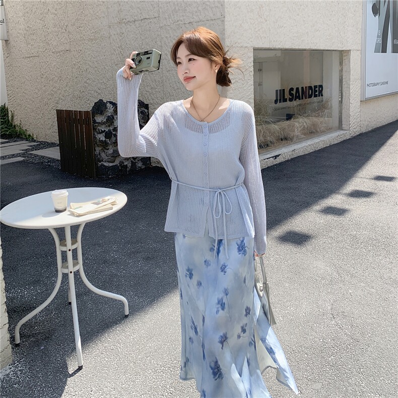 法式温柔风针织开衫印花半身裙两件套女春夏气质氛围感穿搭A字裙,女装套装/套裙,维壹