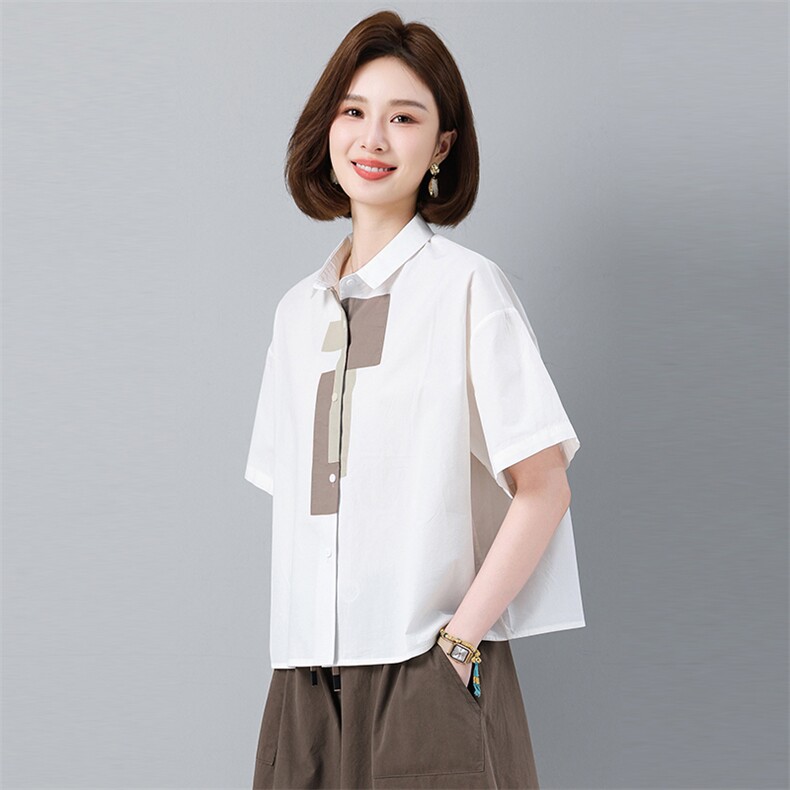 纯棉短袖衬衫女夏季2025年新款中年妈妈大码宽松休闲撞色翻领上衣,女装衬衫,秋牧寒烟
