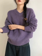 新款女装V领羊毛衫羊毛百搭宽松时尚保暖上衣，女装羊毛衫，恩泰羊绒