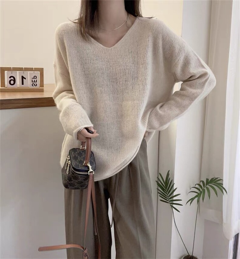 时尚温柔风加厚V领卷边套头羊毛衫显瘦百搭宽松毛衣,女装羊毛衫,圣旺供货