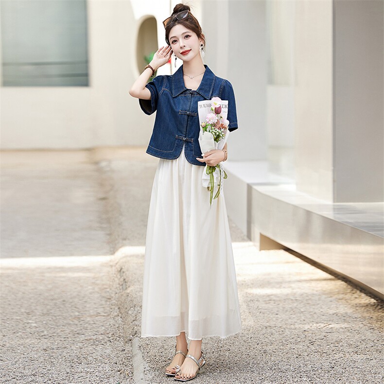 现货牛仔盘扣套裙2024春夏新款时尚洋气两件套,女装套装/套裙,涵墨