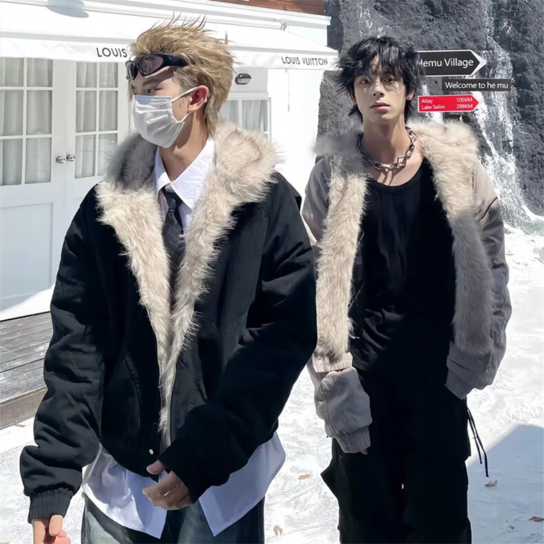 现货高品质美式高街冬季重磅硬挺短款座山雕毛领棉衣男女加厚外套，男装棉衣，电商A443