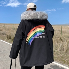 M771P80港风外景大毛领休闲彩虹印花棉衣情侣冬装棉服学生百搭，男装棉衣，电商A026-1