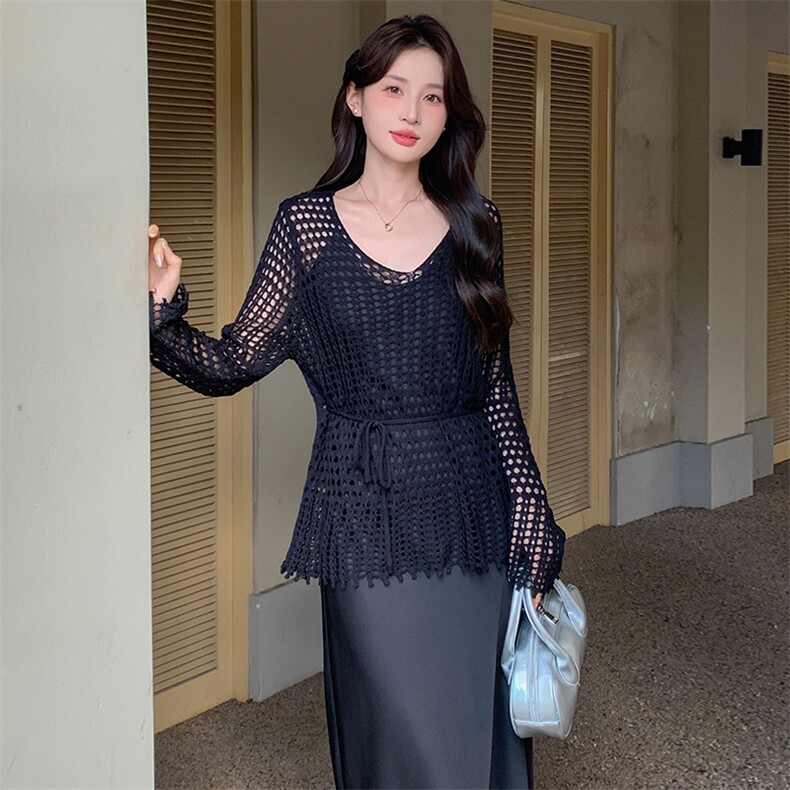 复古港风镂空罩衫套装裙女2025春秋新款系带收腰显瘦吊带裙两件套,女装套装/套裙,玖莱伊