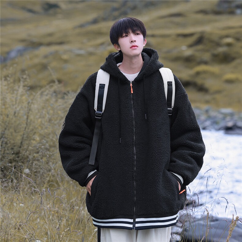 2025冬季休闲纯色羊羔毛开衫连帽外套棉服M2068特P50,男装棉衣,电商A148