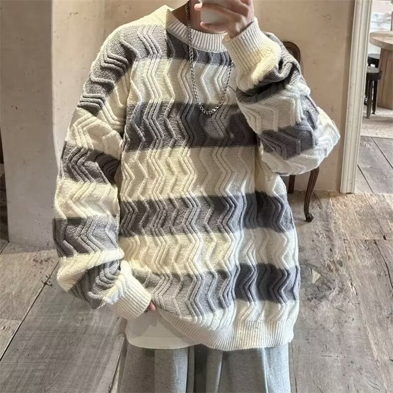条纹圆领毛衣男生春秋冬宽松慵懒风新款外穿内搭打底针织衫外套潮,男装T恤,星座1210-1