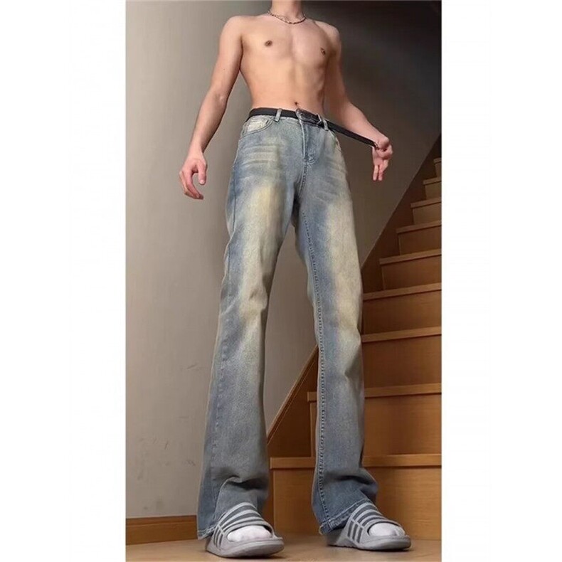 复古蓝牛仔裤男生春秋季显瘦窄版高街vibe微喇潮牌修身直筒长裤子,男装牛仔裤,星座412-3