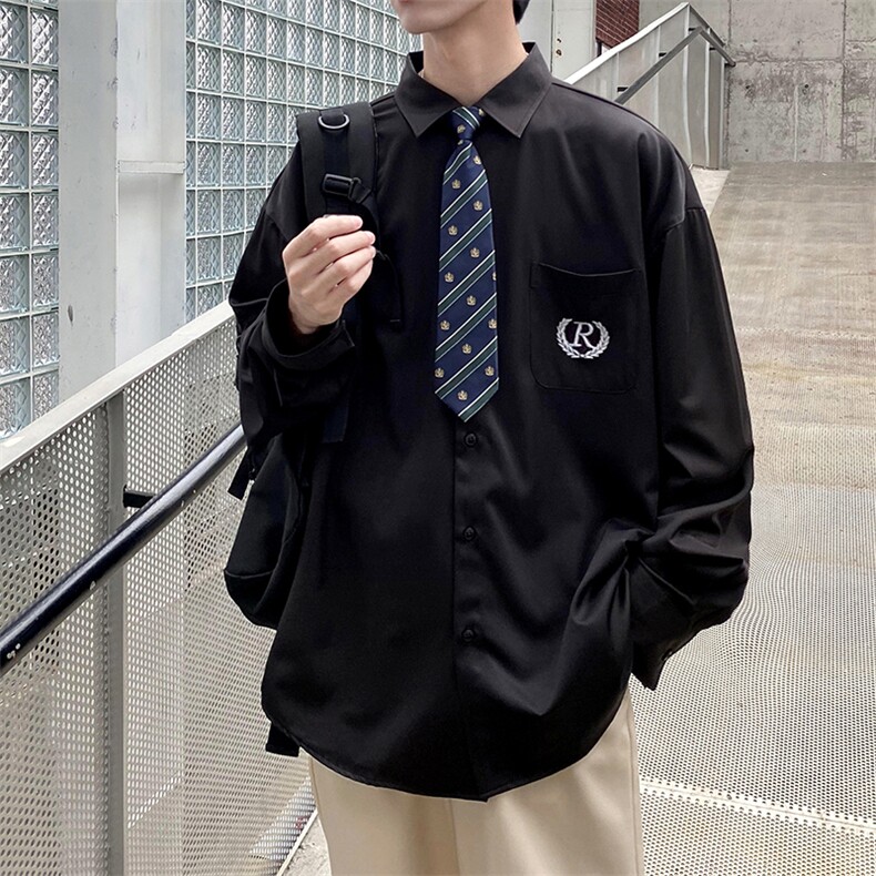 DK/JK制服港风刺绣长袖宽松阔版衬衫学生班服送领带C916-P40 现货图片