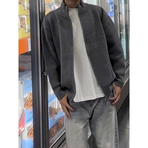 灰色双头拉链开衫毛衣男秋冬穿搭高级感慵懒风立领针织衫情侣外套图片