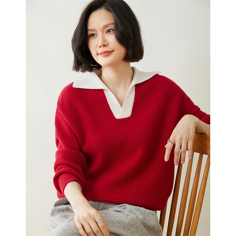 时尚百搭宽松翻领女士羊绒衫 舒适保暖显瘦毛衣图片