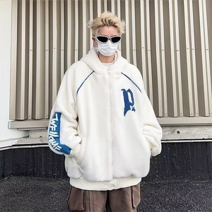 羊羔绒外套男秋冬季加绒保暖连帽棉衣青少年潮牌刺绣夹克冬装上衣图片