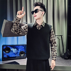 CM8801-P88控128秋冬季假两件毛衣男潮流时尚衬衫领拼接V领针织衫，男装针织衫/毛衣，电商A368