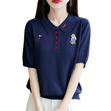 夏季新款简约天丝纳米丝POLO领刺绣花朵小熊半开扣短袖，女装T恤，臻维羊绒