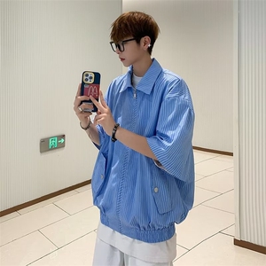 复古蓝白条夏季搭配感男短袖衬衫外套男女宽松休闲上衣CS114 P40图片