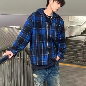 美式哥特风蓝格连帽衬衫男女春秋季潮牌高街拉链宽松休闲长袖外套图片