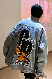 美式秋街头翻领夹克火焰英文印花潮牌牛仔外套男 XZ514-2-N35-P88图片