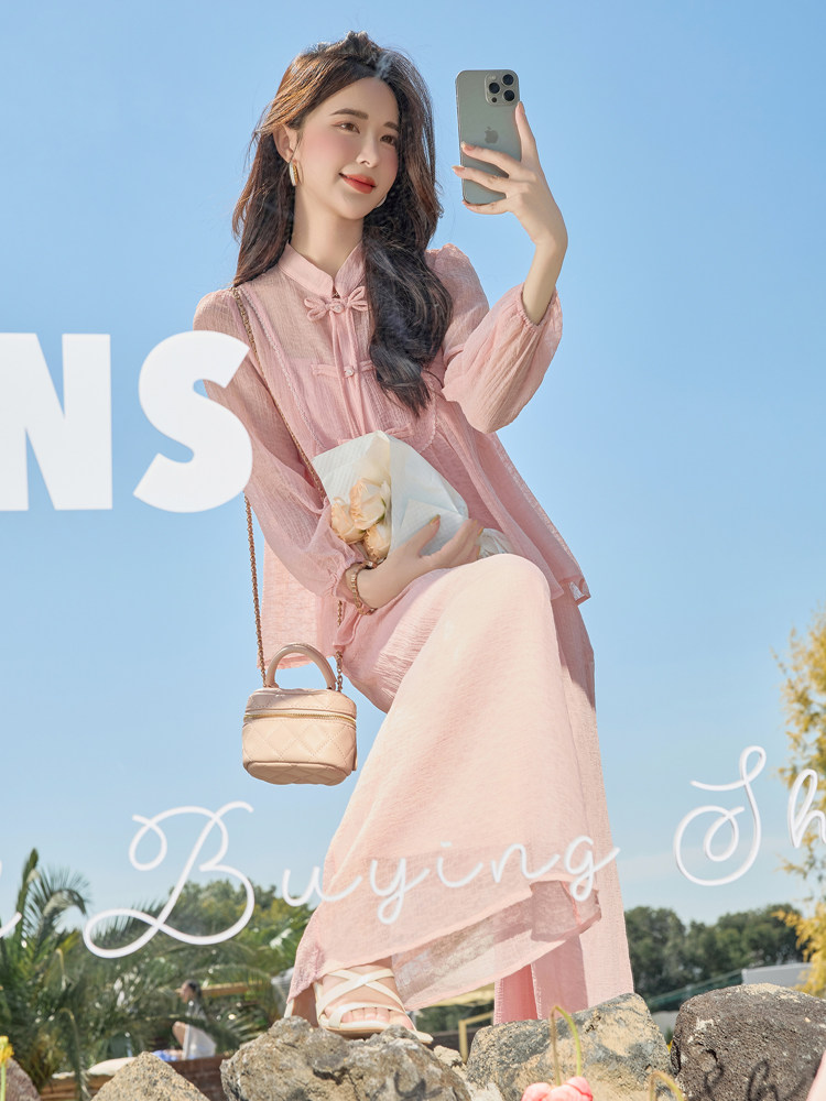 新中式国风盘扣衬衫时尚套装女2025夏季新款减龄阔腿裤显瘦两件套,女装套装/套裙,水衣源