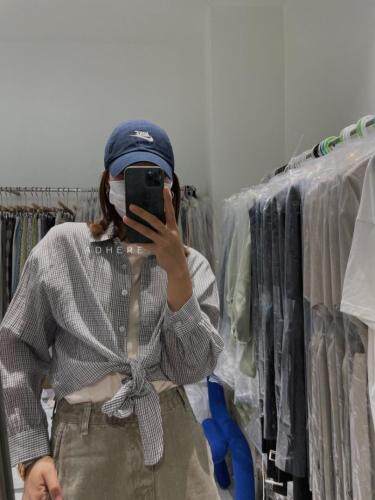 现货格子小衫打结细节面料舒适，女装，ADHERE