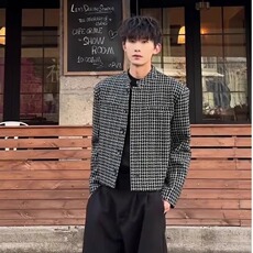 短款垫肩千鸟格西装外套男穿搭立领休闲西服小香风夹克JK240P65，男装西服，星座1013-5