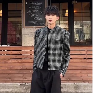 短款垫肩千鸟格西装外套男穿搭立领休闲西服小香风夹克JK240 P65图片