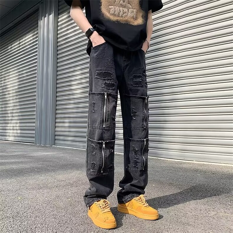 水洗复古黄泥牛仔裤男款欧美裤子高街美式破洞微喇直筒工装裤，男装牛仔裤，星座716-2