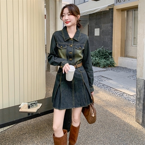 港风复古小个子牛仔衬衫连衣裙女2026春季新款收腰修身显瘦短裙图片