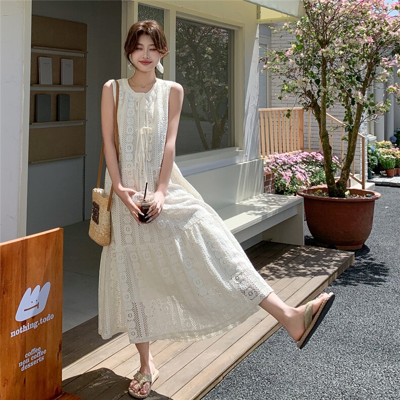 法式镂空白色无袖背心连衣裙女夏2025新款漂亮气质今年流行长裙子，女装连衣裙，浙宝208