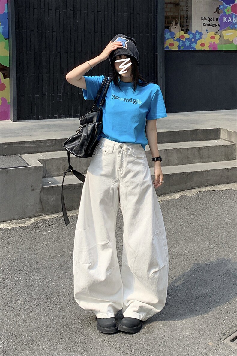 牛仔裤女夏季美式复古水洗高腰宽松休闲垂感阔腿弯刀裤YD9001-P65,男装牛仔裤,星座509