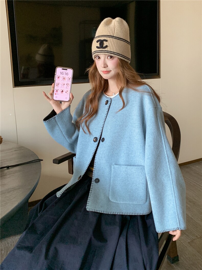 撞色双面呢羊毛大衣女冬小个子毛呢外套,女装毛呢外套,2C218