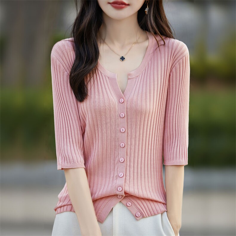 法式新款V领五分袖外搭针织开衫女高级防晒空调罩衫外套冰丝上衣，女装针织衫/毛衣，暖烁羊绒