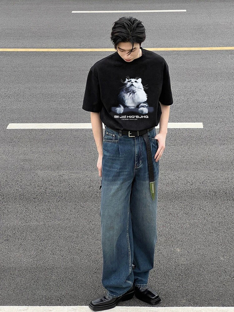 黑色猫咪印花落肩短袖男美式潮牌重磅纯棉t恤cleanfit情侣装半袖,男装T恤,星座809A(原222-1)