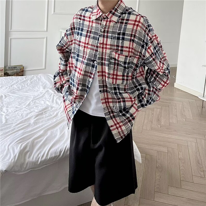 1506/Q30300/P43美式复古设计感拼色条纹长袖衬衫情侣外套男图片