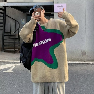 港风情侣街头嘻哈拼色星星提花圆领针织衫男潮牌宽松休闲百搭毛衣图片