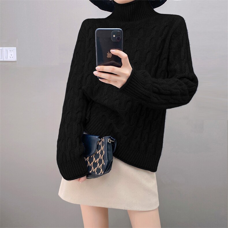 重磅加厚羊绒衫女士半高领毛衣宽松套头打底衫扭花针织长袖针织衫,女装羊绒衫,织绒羊