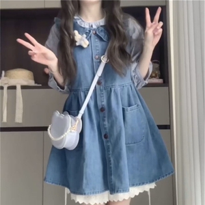两件/套装学院风甜美可爱娃娃领牛仔背心连衣裙子女学生+格纹衬衫图片