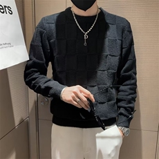 社会小伙圆领纯色棋盘格子毛衣男生修身毛衫线衣打底针织衫S517，男装针织衫/毛衣，星座1116A-2（原606A-1）