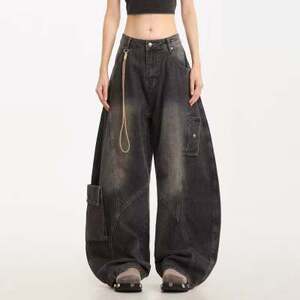 1506/Q10460/P56美式复古解构水洗弯刀显瘦宽松休闲直筒阔腿长裤图片