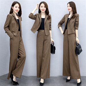 轻奢女装2025春夏设计感小众时尚格子短外套阔腿裤西装套装两件套图片