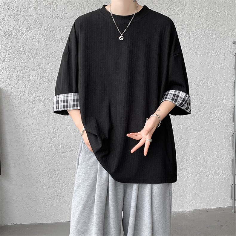 A059-7822-P38控58夏季高品质冰丝短拼色宽松大码五分袖T恤短袖,男装T恤,电商A059
