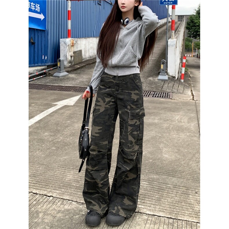 网图现货美式宽松迷彩工装直筒微喇牛仔裤K0127/P55，女装牛仔裤，星座205-3