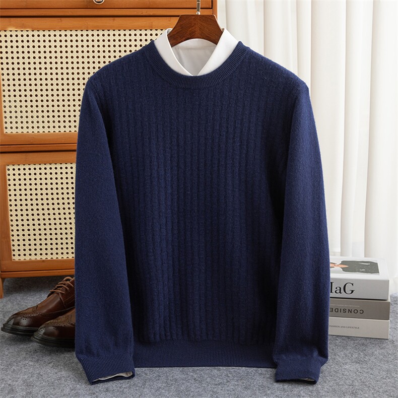 男士圆领羊毛衫男加厚2024年秋冬季保暖毛衣男式条纹针织衫，男装羊毛衫，赛冬羊绒
