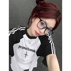 夏季美式高街重磅纯棉三条杠织带插肩撞色男女短袖T恤CZ15-特P25，男装T恤，电商A486