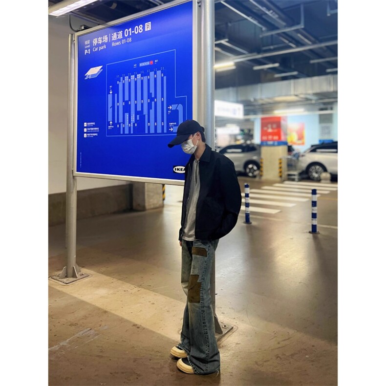 803-P63贴布微喇牛仔裤男潮美式高街vibe宽松喇叭休闲裤子长裤,男装牛仔裤,电商B323A