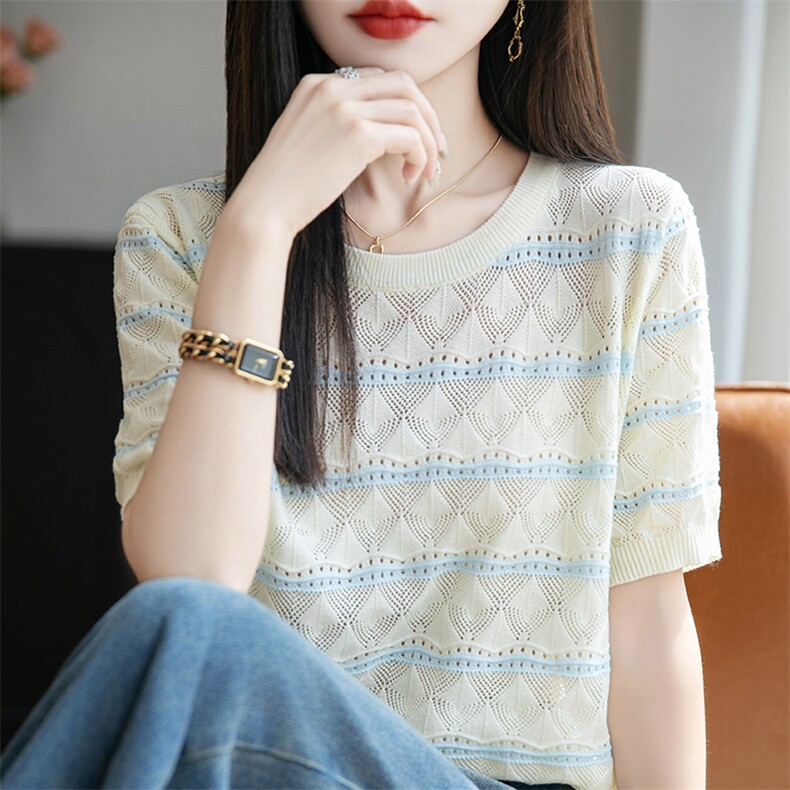 小香风圆领镂空2025夏季新款女装短袖T恤女宽松打底衫针织衫上衣,女装T恤,菲奥羊绒