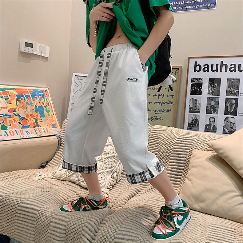 华夫格运动七分裤男夏季宽松过膝短裤ins潮牌大码休闲7分裤子k27图片